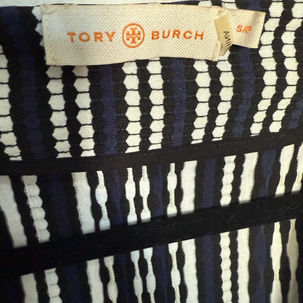 Tory Burch Navy Blue Oxford Stripe Long-Sleeve Jacquard Wrap Dress Size Small